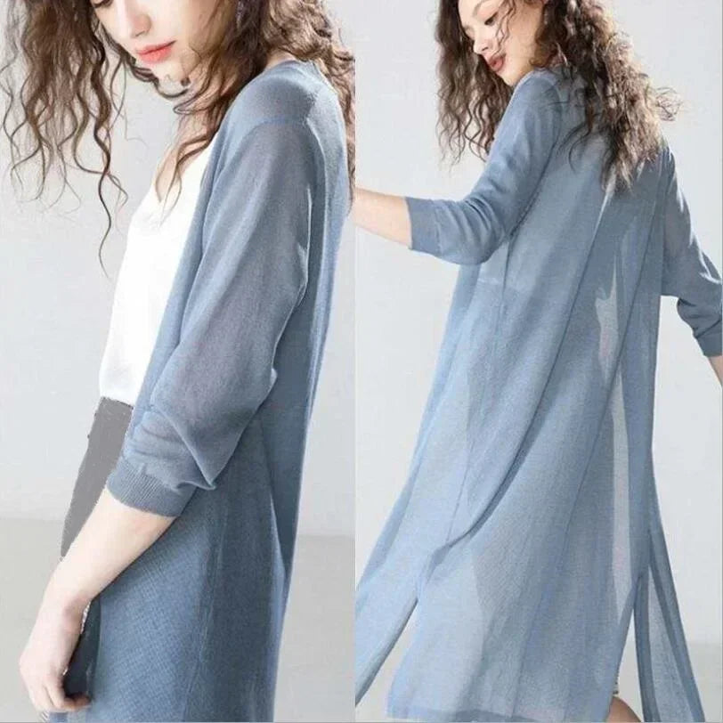 Lightweight Knit Long Cardigan - Women's Open Front Sweater, Breathable Layer