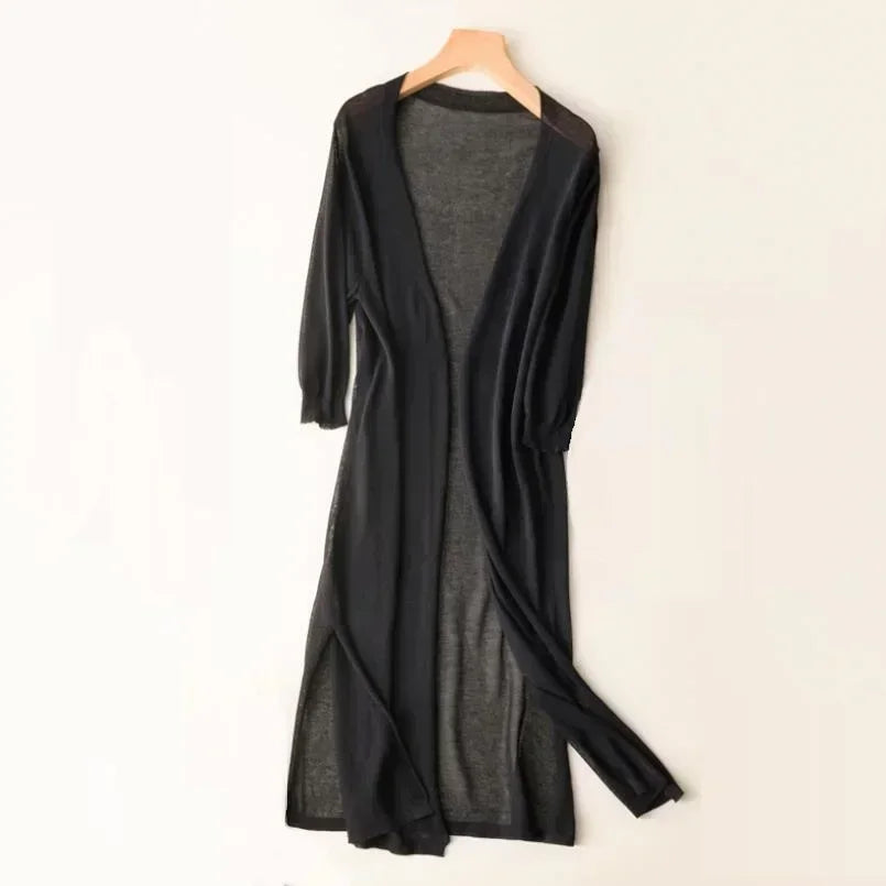 Lightweight Knit Long Cardigan - Women's Open Front Sweater, Breathable Layer