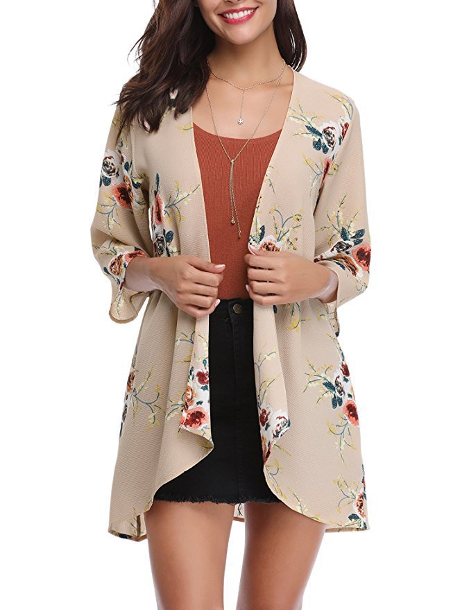 Women's Kimono Cardigan - Open Front - 3/4 Sleeves - Floral Print