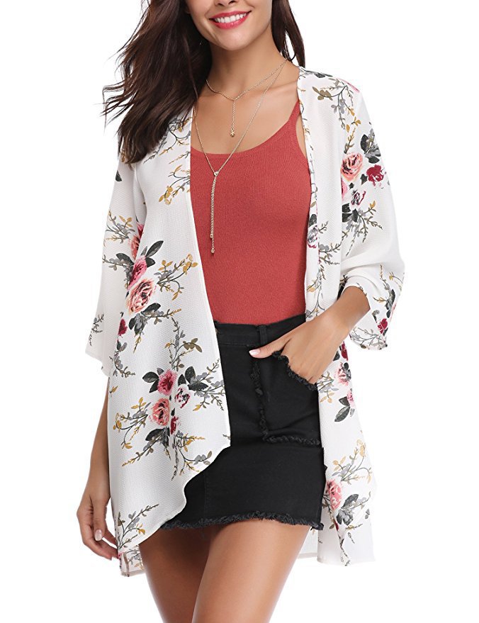 Women's Kimono Cardigan - Open Front - 3/4 Sleeves - Floral Print