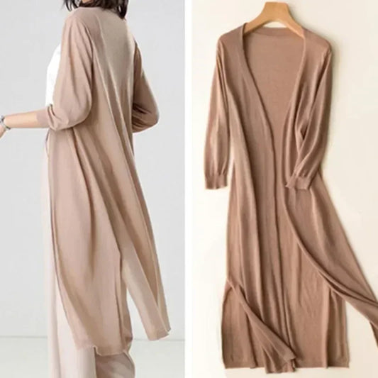 Women’s Long Cardigan – Lightweight Knit – Open Front – 3/4 Sleeve – Layering Essential