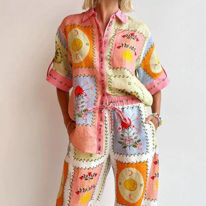 Women’s Cardigan – Linen – Relaxed Fit – Short Sleeve – Button-Up Boho Patchwork
