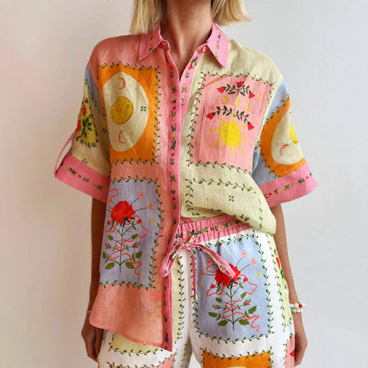 Women’s Cardigan – Linen – Relaxed Fit – Short Sleeve – Button-Up Boho Patchwork