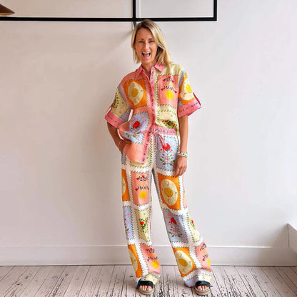 Women’s Cardigan – Linen – Relaxed Fit – Short Sleeve – Button-Up Boho Patchwork