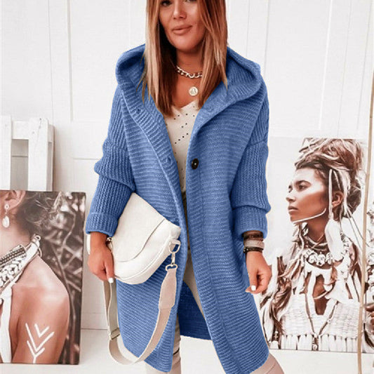 Knitted Hoodie Cardigan with Buttons | Warm Winter Long-Sleeve Sweater Coat