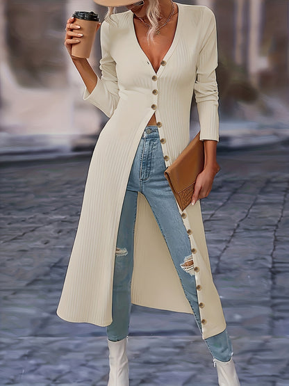 Women's Long Cardigan - Button Front V-Neck - Fitted Knit - Knee Length Layering Piece