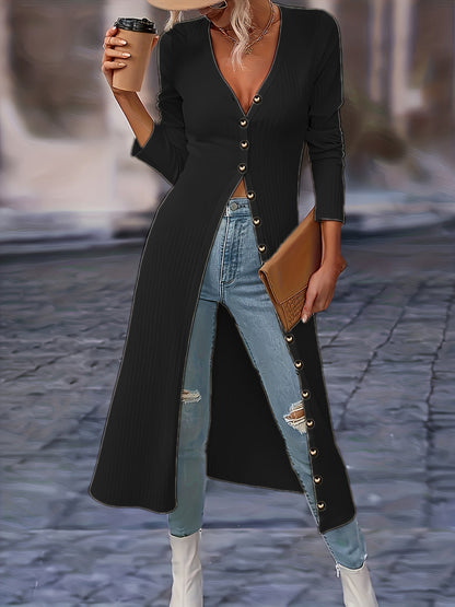 Women's Long Cardigan - Button Front V-Neck - Fitted Knit - Knee Length Layering Piece